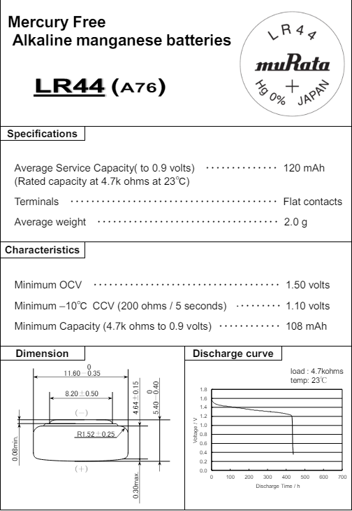 Specifications for the LR44 battery